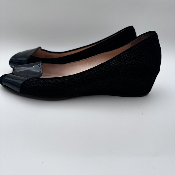 Aquatalia‎ Black Fabric Wedge Heel Flats patent Leather Peep Toe Womens Sz 9 - Picture 9 of 11